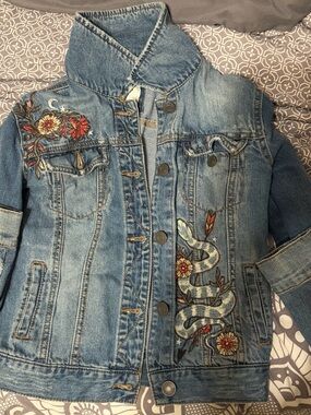 Embroidered Light Blue Denim Jacket with Floral & Snake Accents